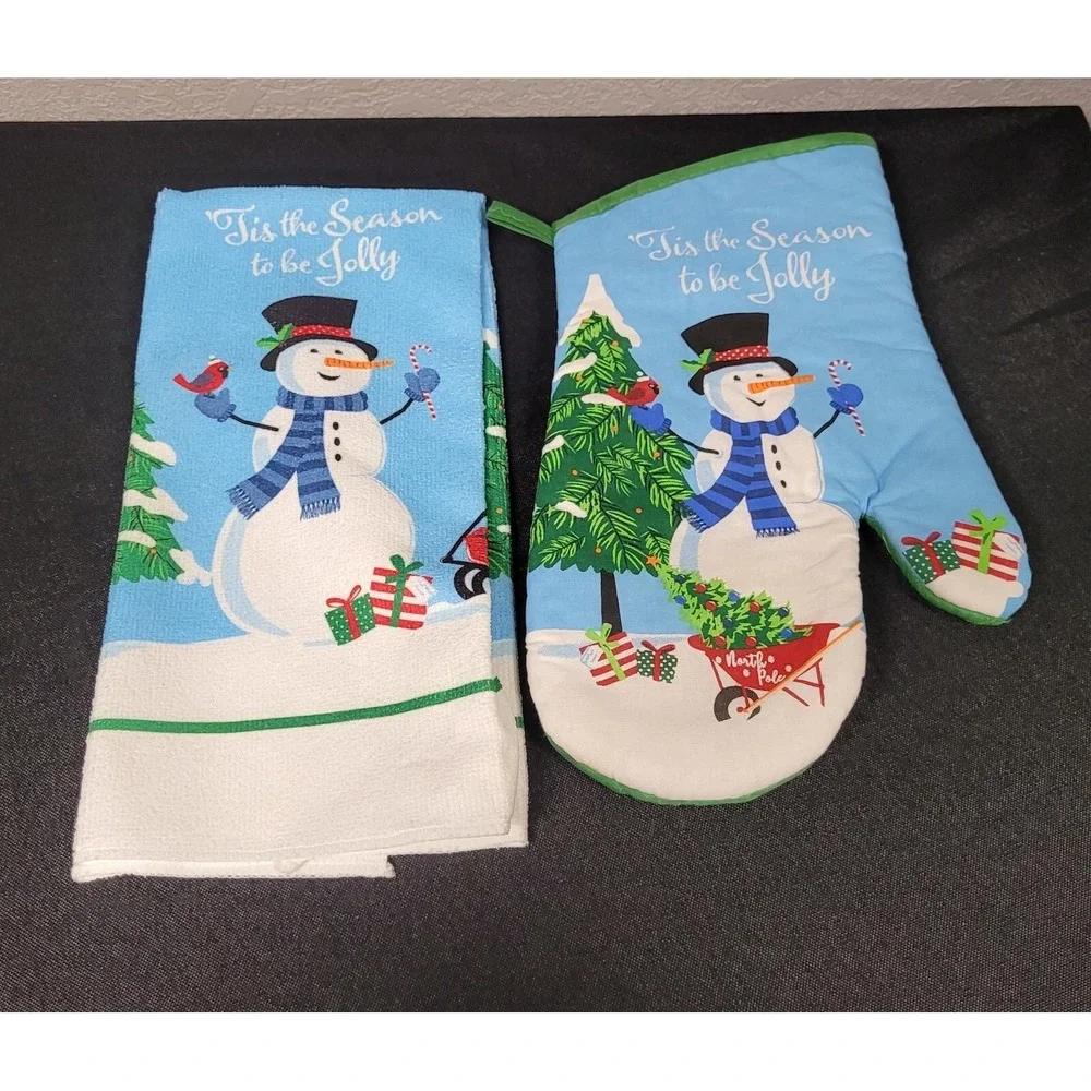 Christmas/Holiday Towel/Oven Mitt Set - Tis The Season To Be Jolly - Snowman